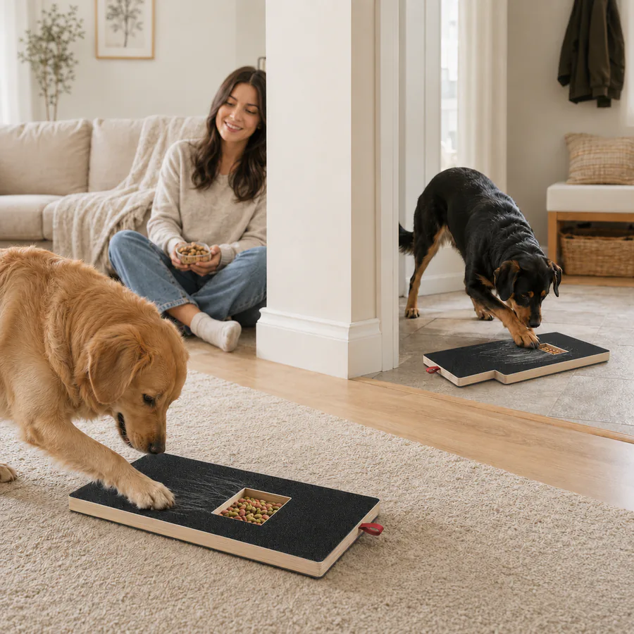 Two PawTrim Reward Boards set up in useful places around a home