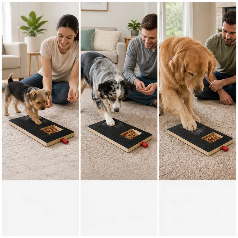 Dogs of different sizes learning to use the PawTrim Reward Board