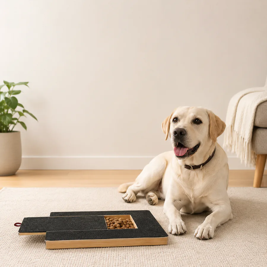 A calm dog beside the PawTrim Reward Board at home