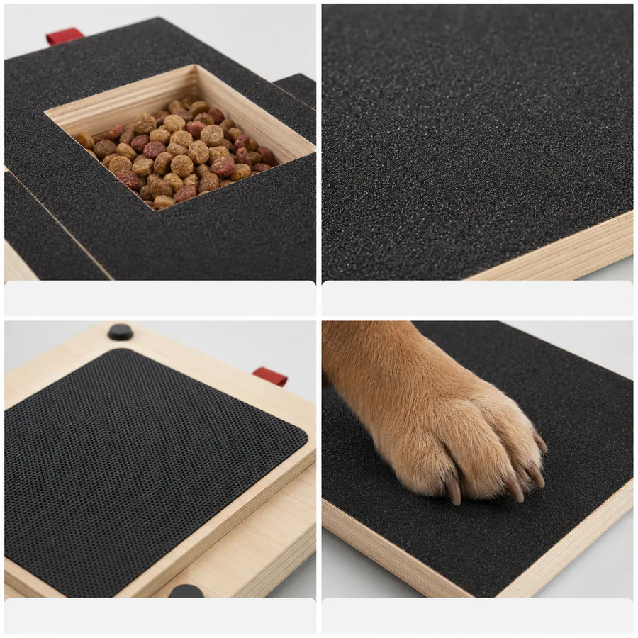 Close views of the reward area, filing surface, base, and paw placement